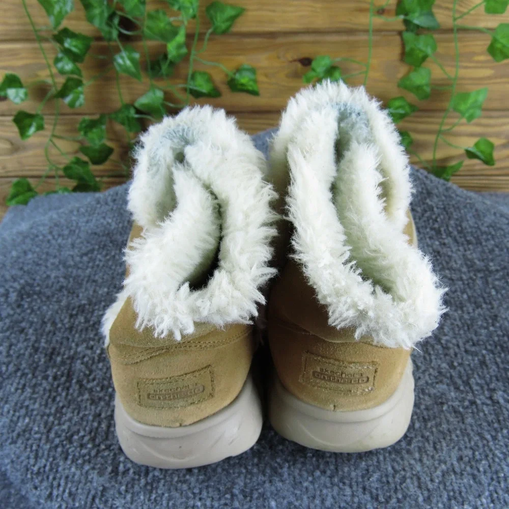 Skechers On The Go Dreamy Suede Ankle Boots Women's Faux Fur Trim Warm Tan 7.5 M